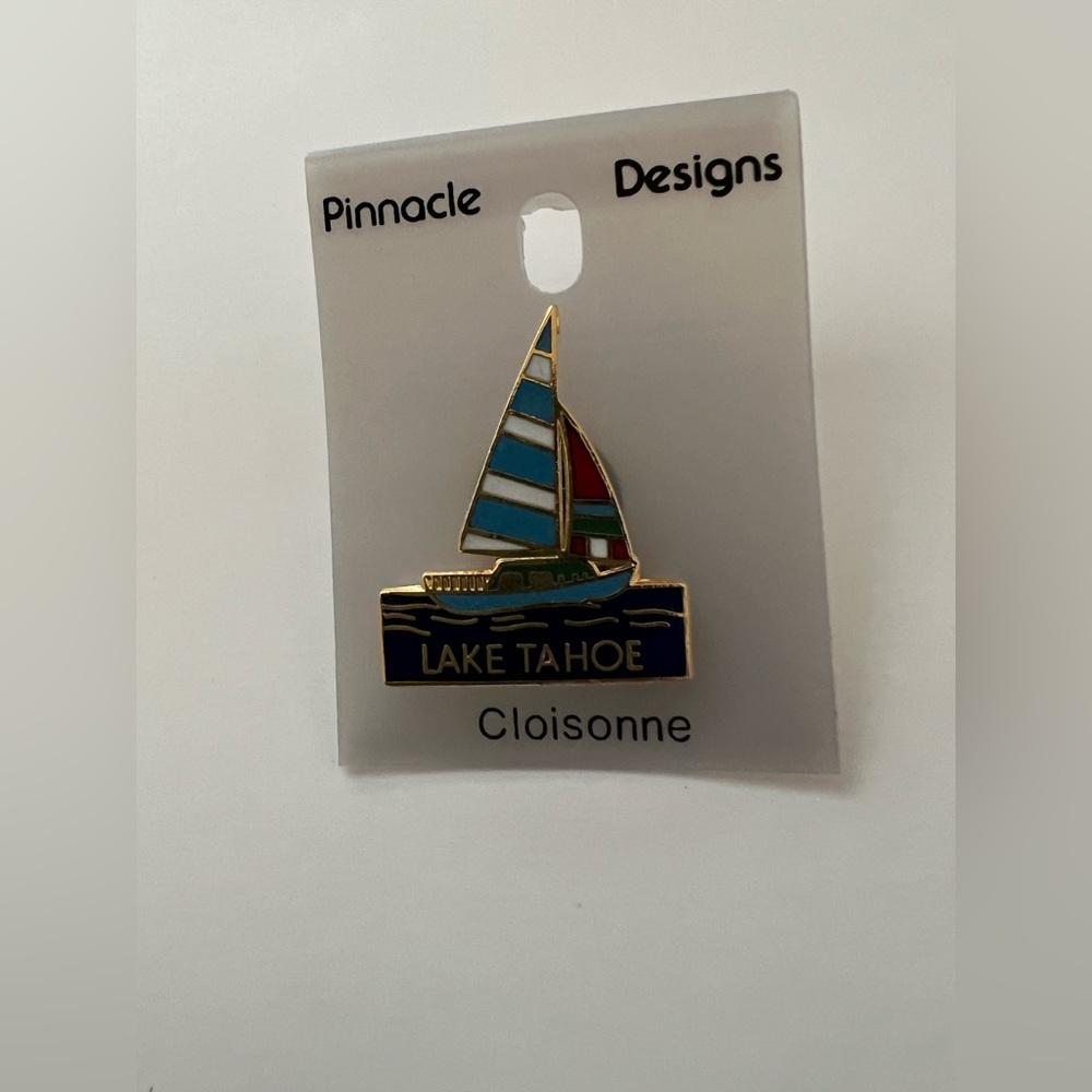 Lake Tahoe Cloissone Boat Pin Souvenir Blue Red